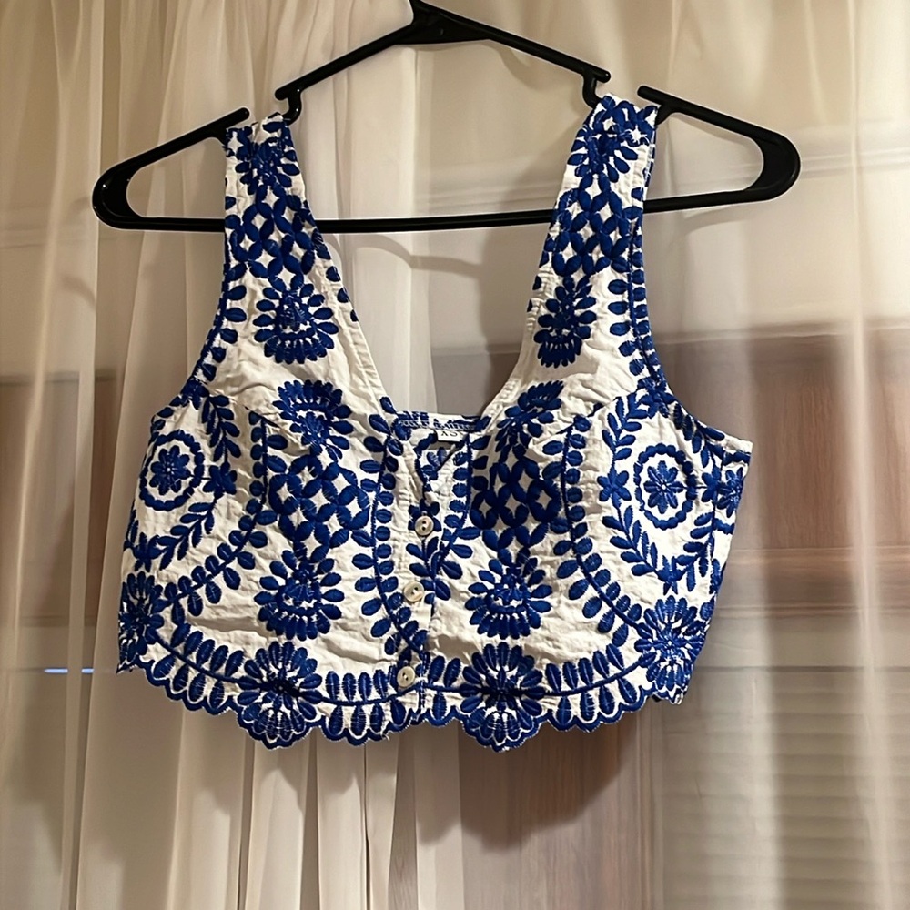 Santorini Blue Floral Embroidered V-Neck Slim Fit Crop Vest Tank Top XS
